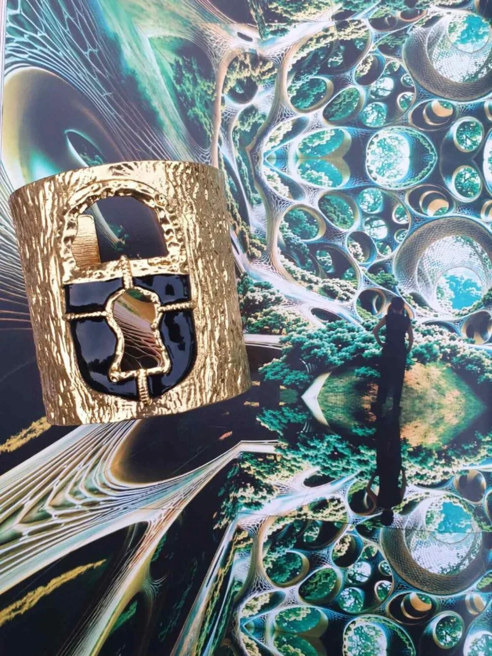 Schiaparelli Lock Bracelet Gold Black Cuff Bangle Luxury Fashion Women Jewelry